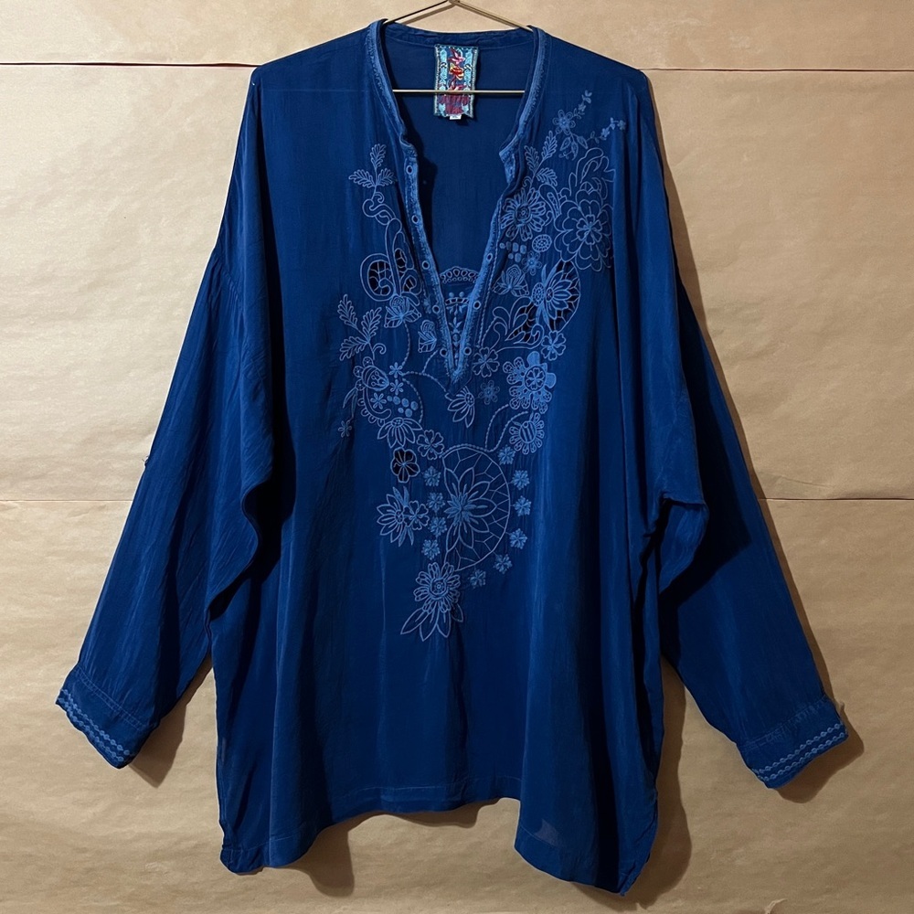 Johnny Was | Lusana Tunic Top Embroidered Eyelet Popover Top Rayon Blue Size XL